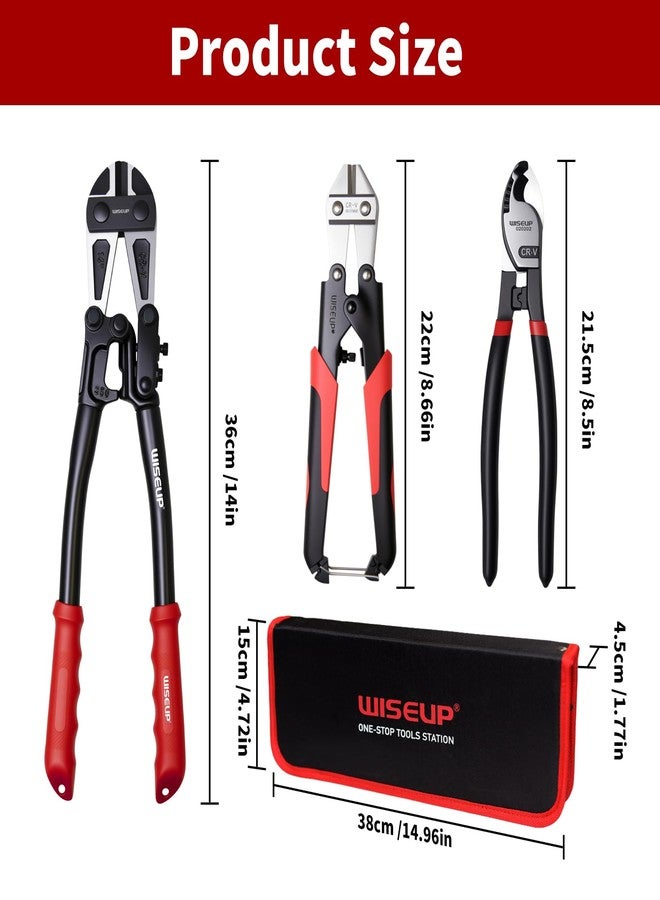 وايزأب طقم كماشة WISEUP لقص البراغي، 3 قطع، 14 بوصة شديدة التحمل و8 بوصة صغيرة، و8 بوصة لقص الحبال السلكية مع حقيبة حمل، تقطع الأقفال والأسلاك الشائكة الفولاذية والسلاسل بسهولة - Image 2