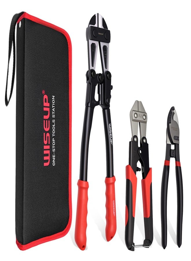 وايزأب طقم كماشة WISEUP لقص البراغي، 3 قطع، 14 بوصة شديدة التحمل و8 بوصة صغيرة، و8 بوصة لقص الحبال السلكية مع حقيبة حمل، تقطع الأقفال والأسلاك الشائكة الفولاذية والسلاسل بسهولة - Image 1