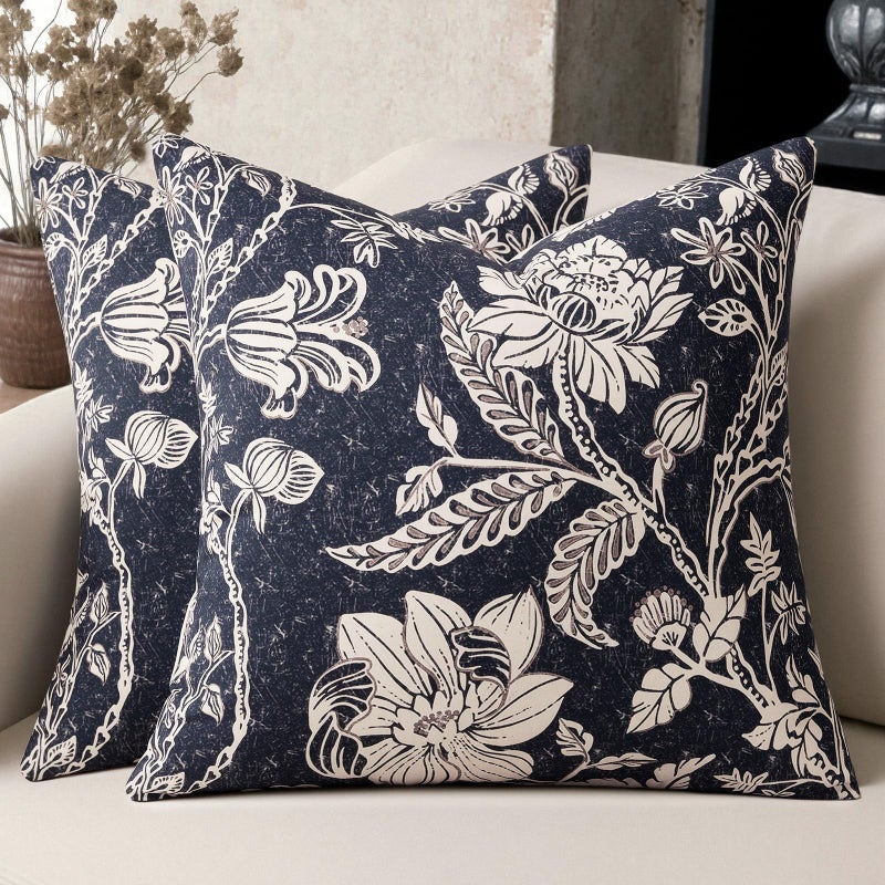 MUSSEL Navy Blue 18x18 Floral Pillow Coversï¼šVintage Decorative Pillow Boho Patterned Covers Neutral Modern Farmhouse Square Cushions Cotton Accent Covers - Sofa Bed Living Room couch Pillowcases Set of 2 - Image 1