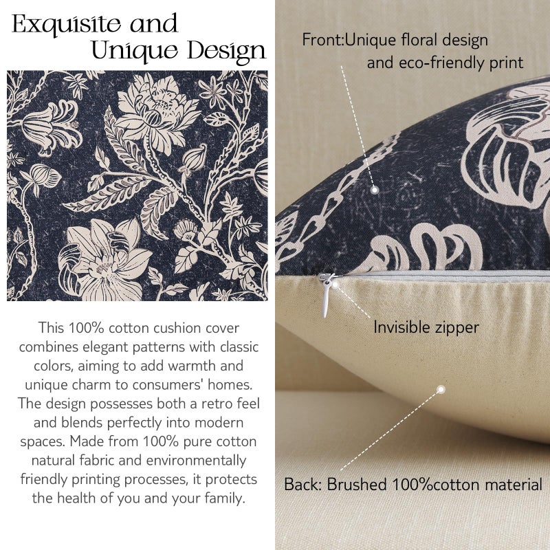 MUSSEL Navy Blue 18x18 Floral Pillow Coversï¼šVintage Decorative Pillow Boho Patterned Covers Neutral Modern Farmhouse Square Cushions Cotton Accent Covers - Sofa Bed Living Room couch Pillowcases Set of 2 - Image 3