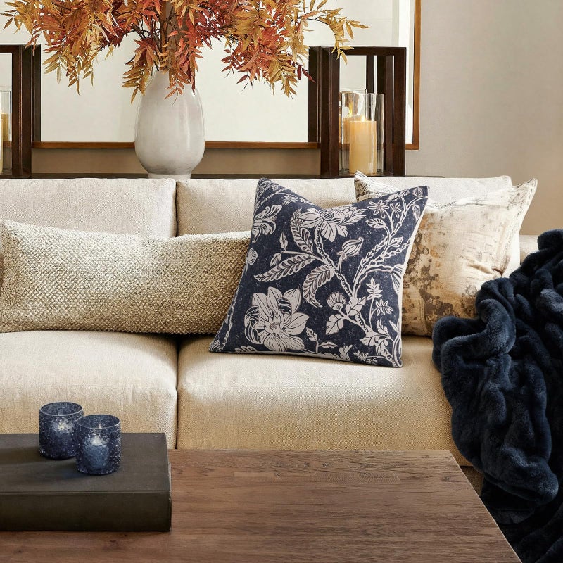 MUSSEL Navy Blue 18x18 Floral Pillow Coversï¼šVintage Decorative Pillow Boho Patterned Covers Neutral Modern Farmhouse Square Cushions Cotton Accent Covers - Sofa Bed Living Room couch Pillowcases Set of 2 - Image 2