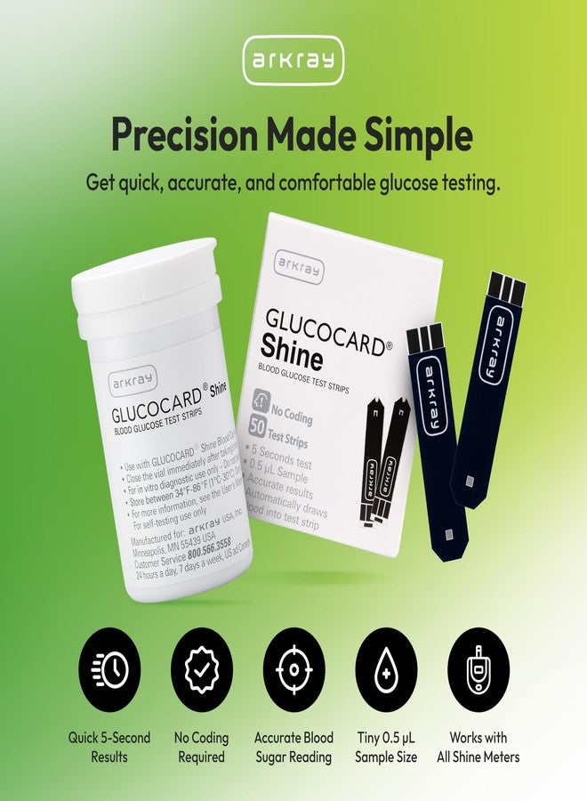 شرائط اختبار نسبة الجلوكوز في الدم ARKRAY GLUCOCARD Shine - لا حاجة للترميز، نتائج سريعة خلال 5 ثوانٍ، حجم العينة 0.5 ميكرولتر - متوافقة مع أجهزة قياس نسبة الجلوكوز في الدم GLUCOCARD Shine، 50 شريطًا - Image 2