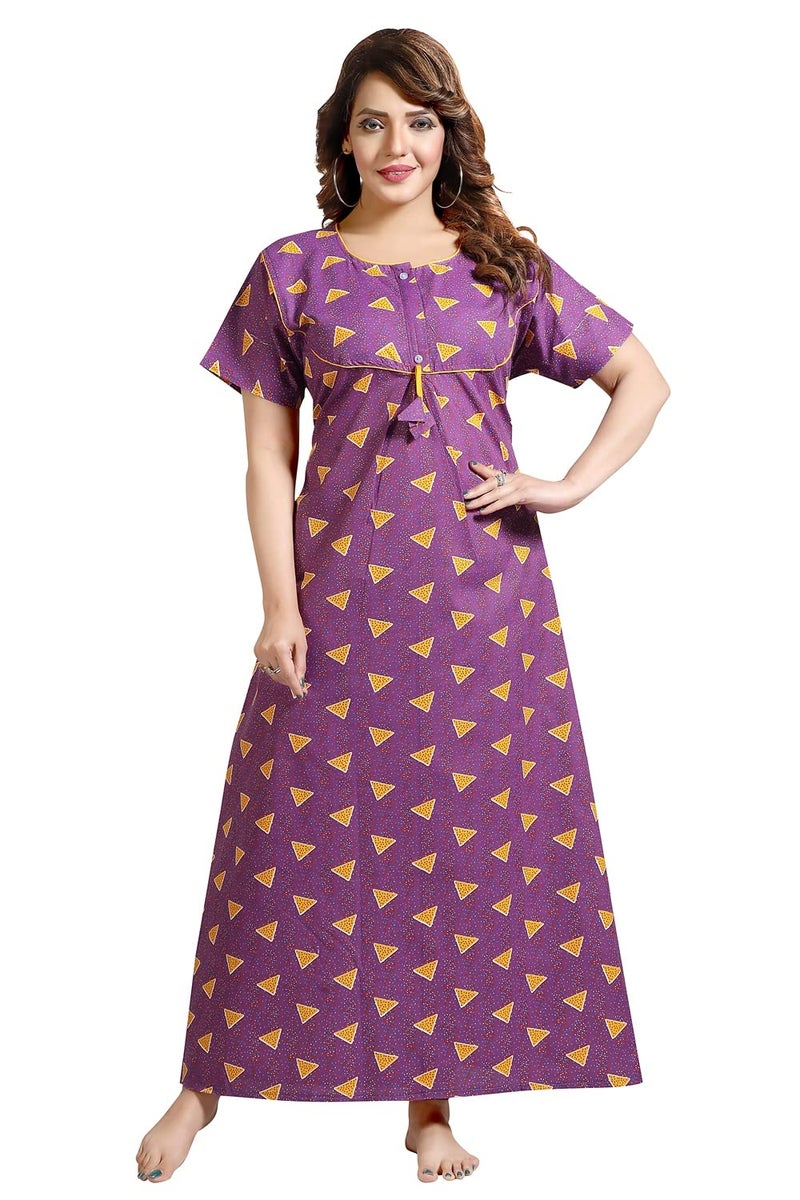 Fabme Women's Cotton Printed Nightwear Nighty - Purple - Image 1