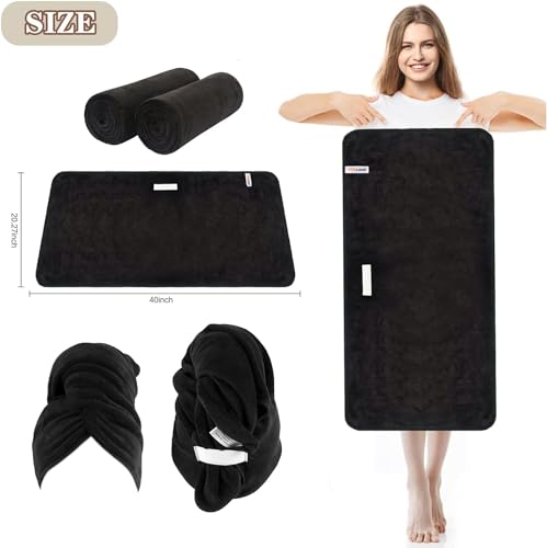 SUNLAND Microfiber Hair Towels Anti Frizz Hair Drying Towel Super Absorbent Fast Drying Turbans for Wet Curly Hair Soft Hair Towel Wrap with Elastic Band for All Hair Types 40 X 20 inches 2Pack Black - Image 5