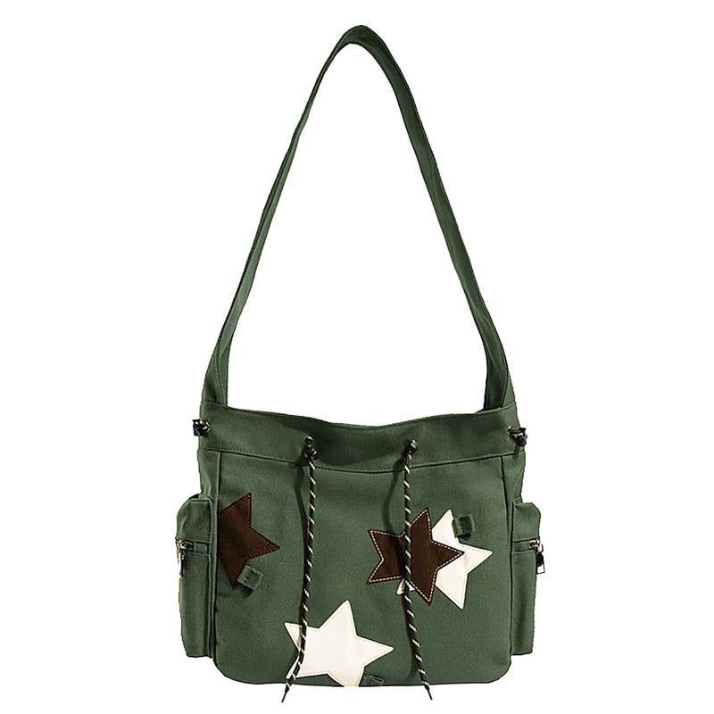 KlaOYer Cute Messenger Bag Canvas Shoulder Bag Star Crossbody Purse Y2K Tote Bag Kawaii Aesthetic Hobo Handbag for Women (Green) - Image 1