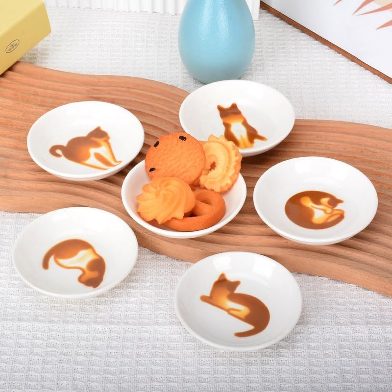 XinHuiGY Cute Cat Ceramic Side Sauce Dishes Mini Heart shape Seasoning Dish Sushi Soy Dipping BowlServing Saucers DisheMeow Porcelain Small Tea Bag Holder Set of 6 Cute cat  - Image 2