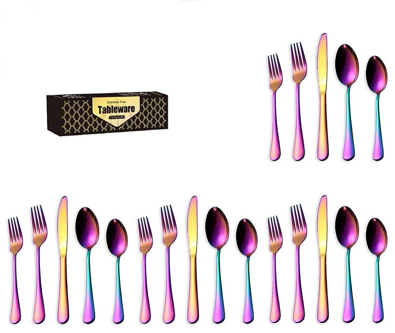 Kolorful Combo Set of 20 Premium Rainbow Antique Cutlery Stainless Steel Luxury Multicolour Dinnerware Spoon Fork Knife Reusable Mirror Polished Flatware for Home Kitchen Dining Table and Gift - Image 1