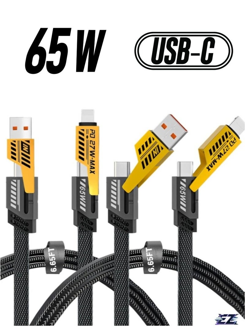 Raxoom كابل شحن سريع 4 في 1 بحزمة 2، نقل البيانات، 6.65 قدم، كابل مضفر 65 واط، USB C USB A و IP، كابل شحن متعدد للهاتف/اللوحة/المزيد - Image 1