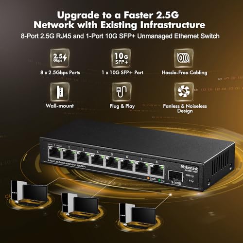 MokerLink 8 Port 2.5Gigabit Ethernet Switch with 10G SFP Slot, 8 x 2.5G Base-T Ports Compatible with 10/100/1000Mbps, Metal Unmanaged Fanless Small Network Switch - Image 2