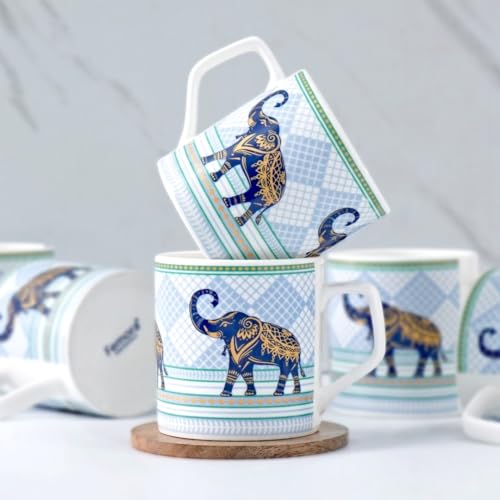 Femora Elegant Stylized Elephant Design Golden Ceramic Tea Cups | Blue & Gold Finish | Set of 6 | Capacity - 180 ml | Ideal for Home, Gifting & Office Use - Image 1