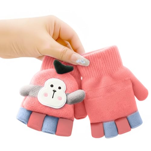 SOLDTRUE Baby Wool Soft Gloves|Cute Cartoon Design 2-in-1 Convertible Full & Half Finger Knitted Mittens|Warm, Windproof & Winter Gloves for Kids 3-8 Years, Ideal Gift for Christmas & Birthday (Pink) - Image 1