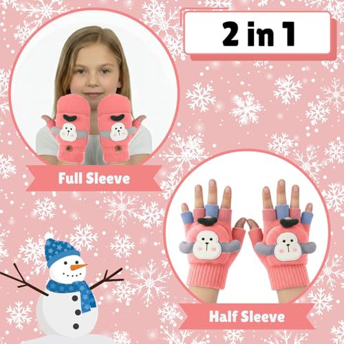 SOLDTRUE Baby Wool Soft Gloves|Cute Cartoon Design 2-in-1 Convertible Full & Half Finger Knitted Mittens|Warm, Windproof & Winter Gloves for Kids 3-8 Years, Ideal Gift for Christmas & Birthday (Pink) - Image 3