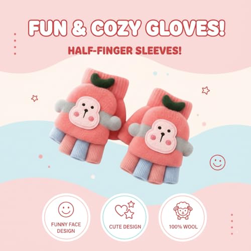 SOLDTRUE Baby Wool Soft Gloves|Cute Cartoon Design 2-in-1 Convertible Full & Half Finger Knitted Mittens|Warm, Windproof & Winter Gloves for Kids 3-8 Years, Ideal Gift for Christmas & Birthday (Pink) - Image 2