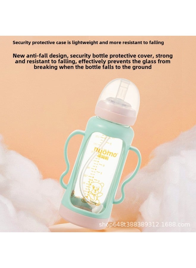 No Mama With Anti-fall Protective Cover Glass Bottle 300mL Big Kidsren Baby Drinking Milk 1 Year Old 23 Years Old And Above Sippy Cup-Capacity:Glass Bottle With Protective Cover 300mL Green (with X Size Nipple)