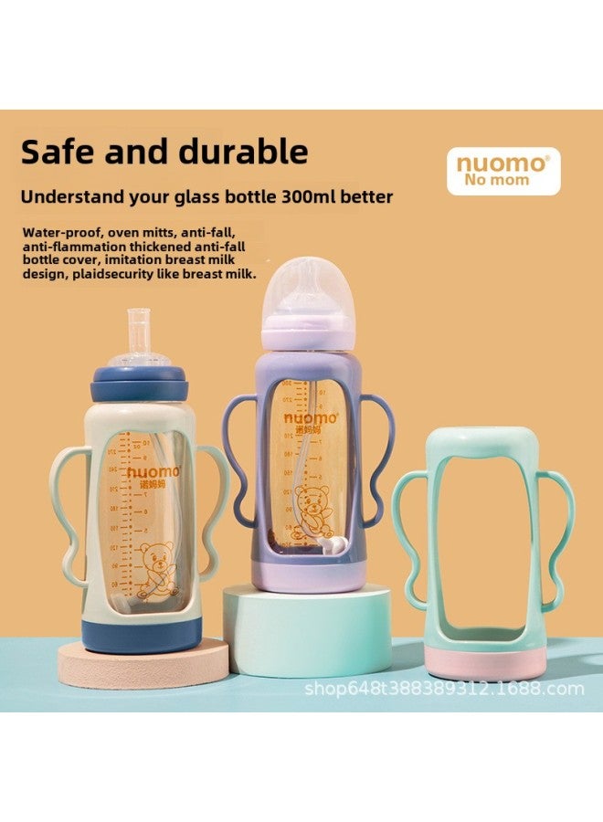No Mama With Anti-fall Protective Cover Glass Bottle 300mL Big Kidsren Baby Drinking Milk 1 Year Old 23 Years Old And Above Sippy Cup-Capacity:Glass Bottle With Protective Cover 300mL Green (with X Size Nipple)