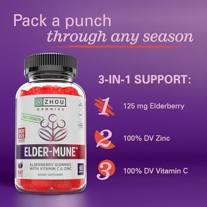 Zhou Elder-Mune Elderberry Gummies with Vitamin C and Zinc - Daily Immune Support Supplement for Women & Men, Chewable Natural Black Elderberry for Adults & Children 4 & Up - 60 Gummies - Image 4