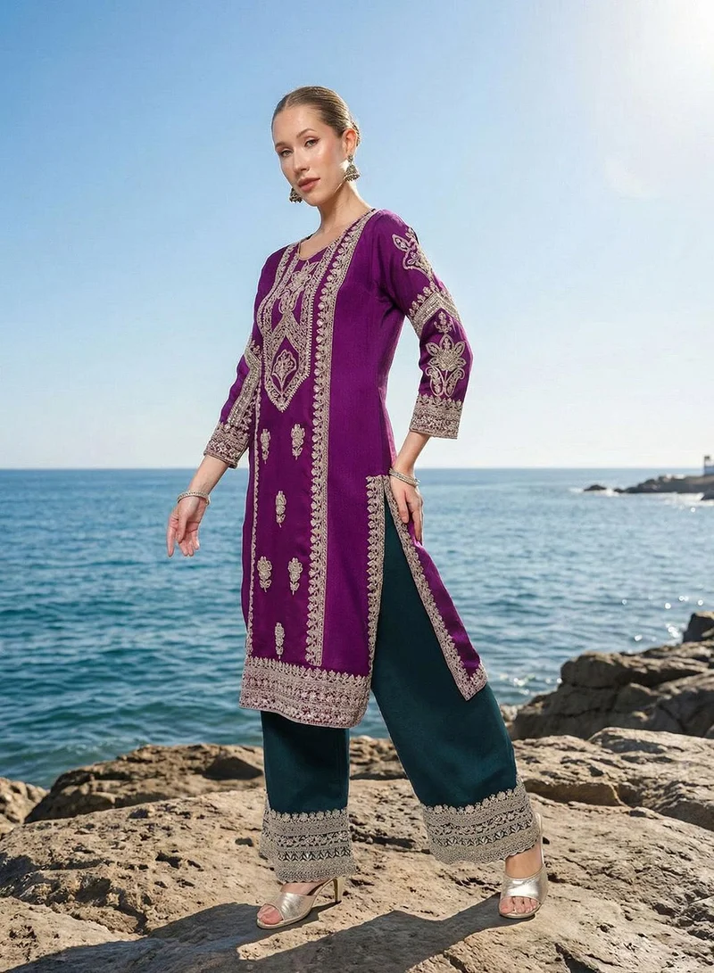 ISHIN Purple Poly Embroidered Straight Fit A-Line Tunic & Full Length Palazzo Kurta Set For Women