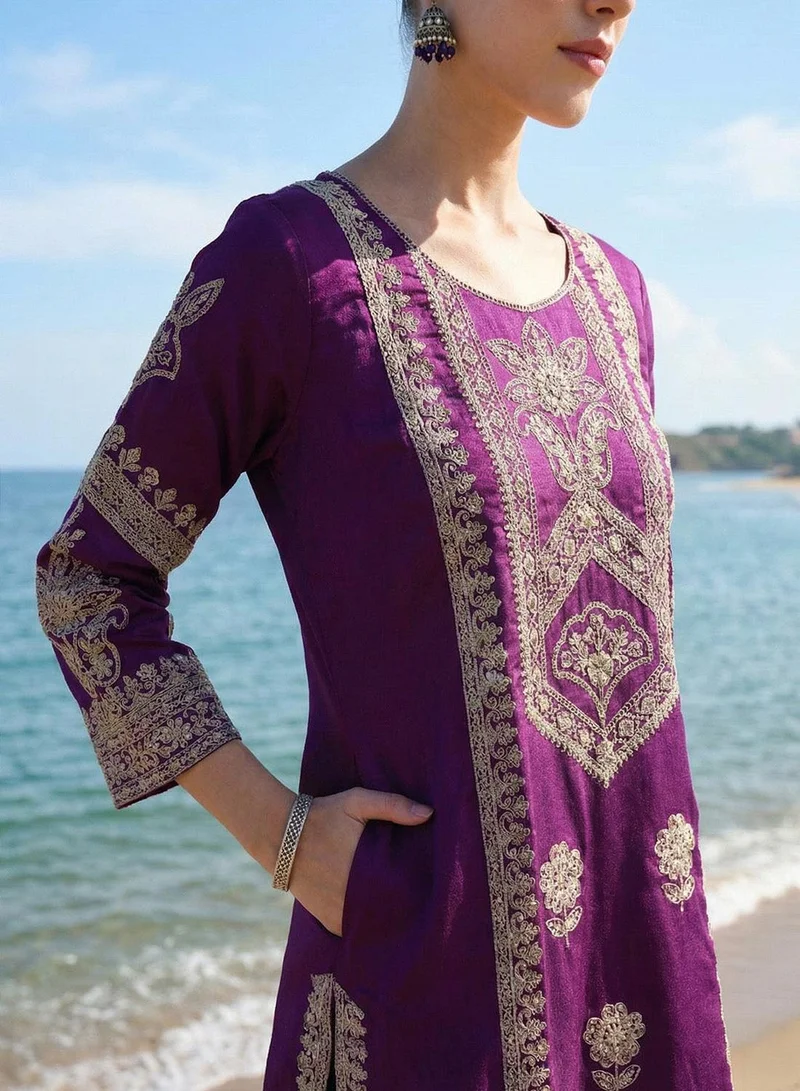 ISHIN Purple Poly Embroidered Straight Fit A-Line Tunic & Full Length Palazzo Kurta Set For Women