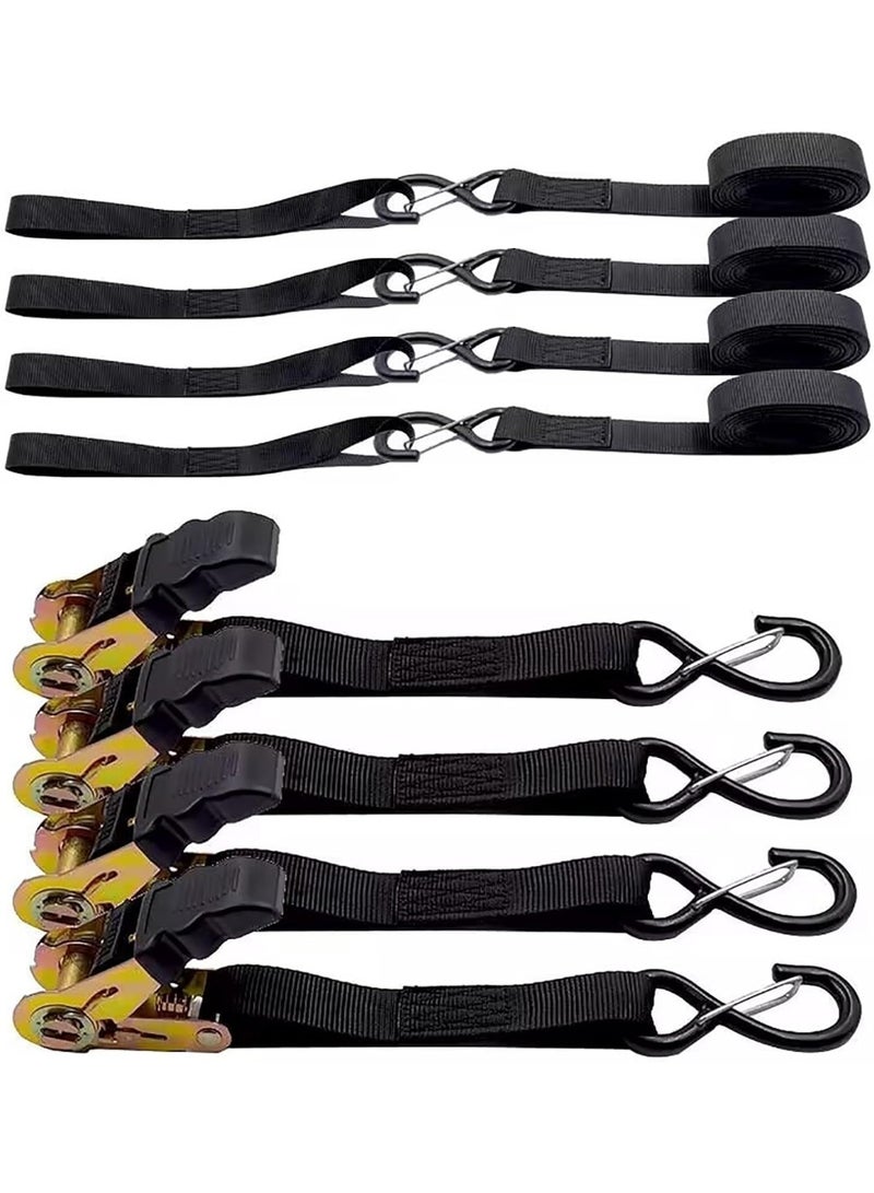 4 قطع من أحزمة الشد ذات السقاطة، طولها 16 قدمًا، وقوة تحملها 2200 رطل، مزودة بآلية شد، وحبل بوليستر، وأحزمة شحن، مناسبة للدراجات النارية، وربط الأجهزة، والشاحنات.