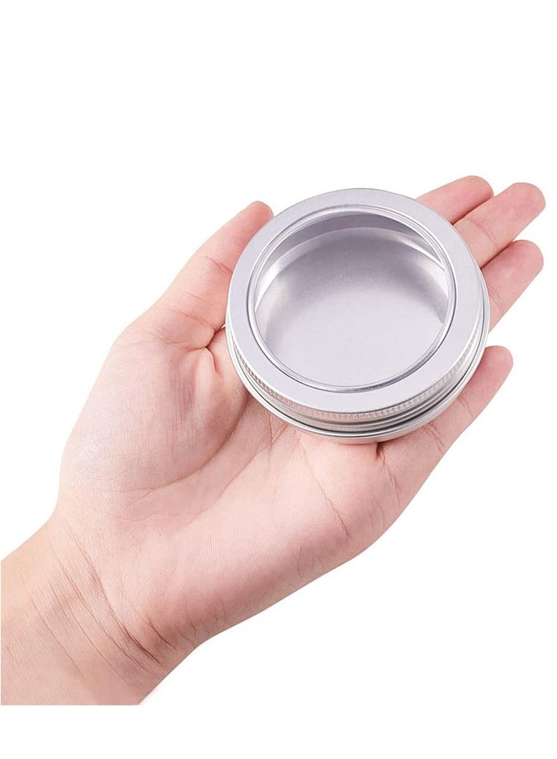 SYOSI 12 Pack Round Lip Balm Tin Cans Aluminum Cosmetic Sample Containers with Screw Lid with Clear Window - Great for Store Spices, Candies, Tea or Gift Giving (Platinum 2 OZ)  - Image 2