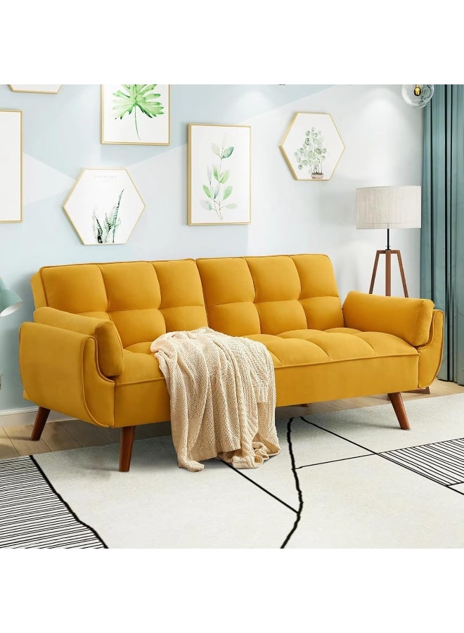 Ripple FURNITURE UAE Homes Modern Convertible Sofa Bed, Tufted Fabric, Wooden Legs (Yellow) - Image 1