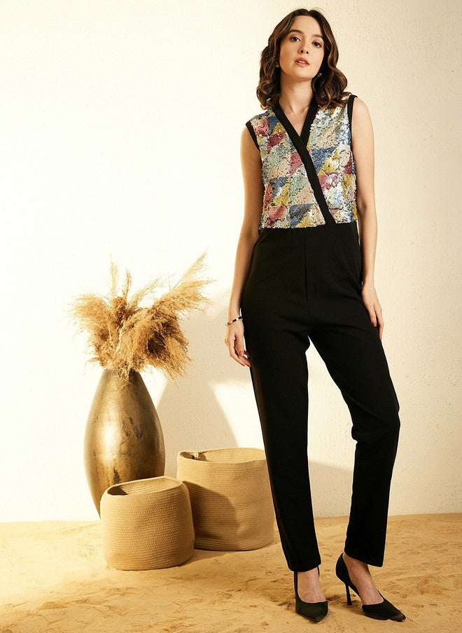 StyleStone جمبسوت أساسي بلا أكمام بتصميم مزخرف من ستايل ستون باللون الأسود مع ياقة على شكل V - Image 1