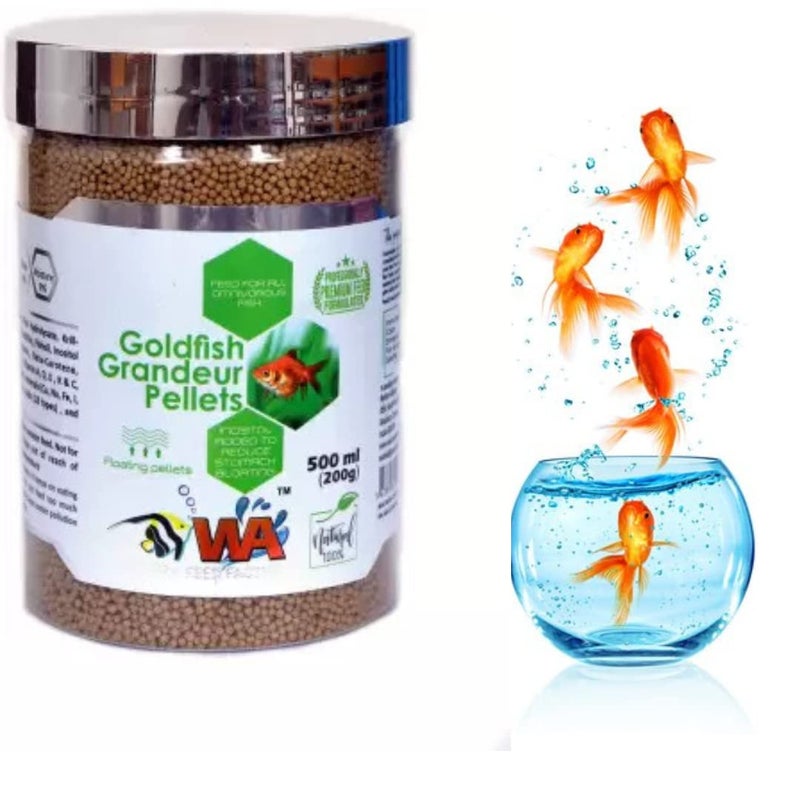 VAYINATO طعام سمك WA Goldfish Grandeur العائم، 200 جرام (500 مل) | طعام لجميع الأسماك آكلة اللحوم - Image 1