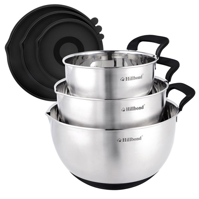 STAINLESS STEEL BOWLS WITH LIDS SET MIXING BOWLS WITH POUR SPOUT SILICONE HANDLE AND NONSLIP BOTTOMS FOR BAKING METAL BOWLS MIXING DISHWASHER SAFE SET OF 3 BLACK