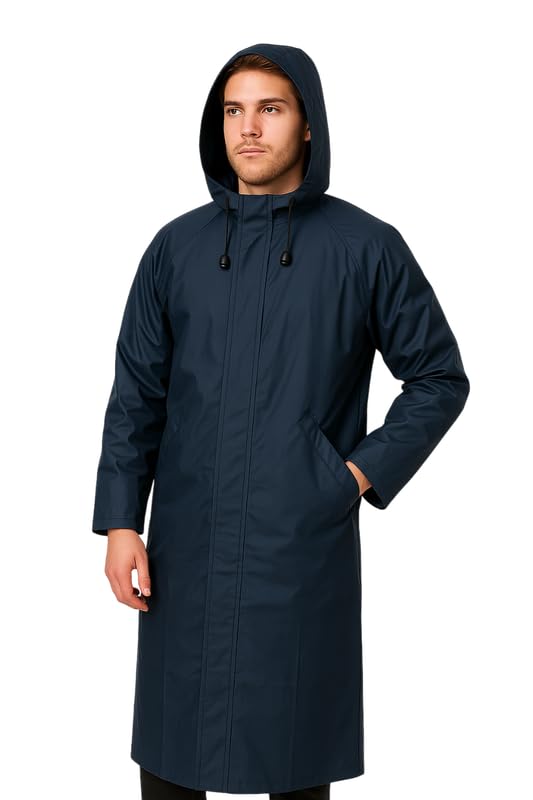 Krystle Men’s Long Hooded Waterproof Raincoat – Full-Length Overcoat (Blue,Large) - Image 3