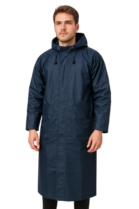 Krystle Men’s Long Hooded Waterproof Raincoat – Full-Length Overcoat (Blue,Large) - Image 1