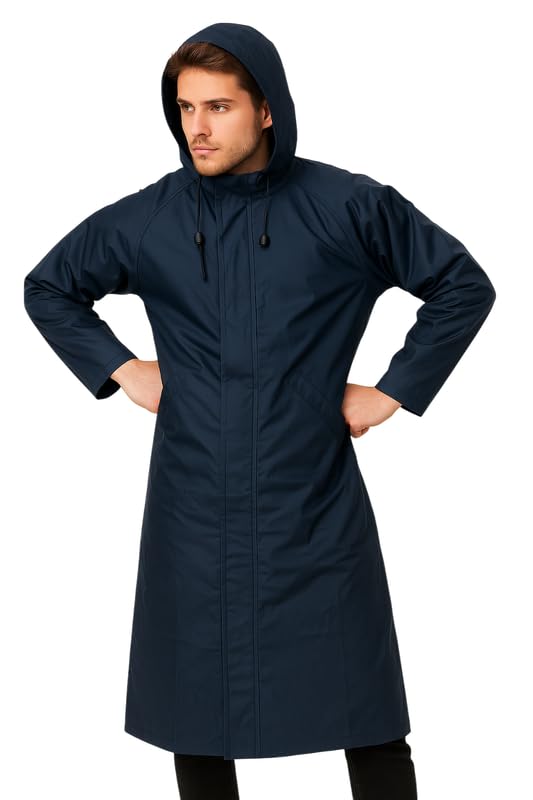 Krystle Men’s Long Hooded Waterproof Raincoat – Full-Length Overcoat (Blue,Large) - Image 2