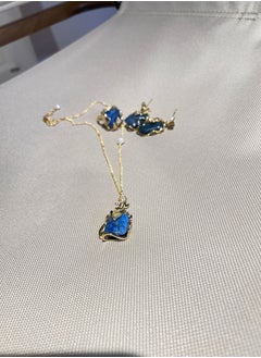 General 925 Silver Plated 18K Gold Inlaid Natural Lapis Lazuli 3-piece Jewelry Set/Ring/Necklace/Earrings  - Image 4