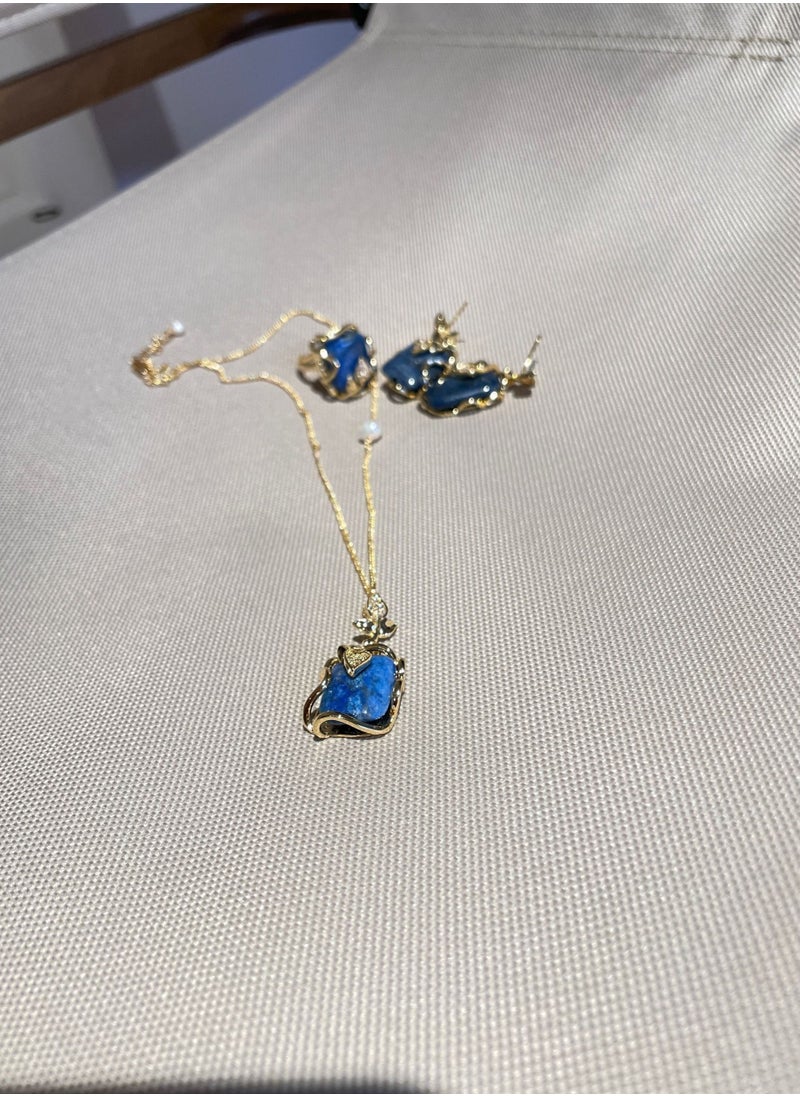 General 925 Silver Plated 18K Gold Inlaid Natural Lapis Lazuli 3-piece Jewelry Set/Ring/Necklace/Earrings  - Image 4