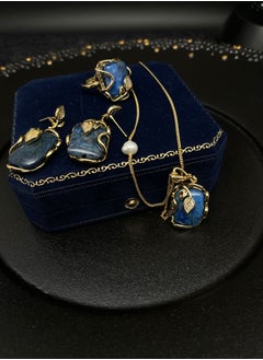 General 925 Silver Plated 18K Gold Inlaid Natural Lapis Lazuli 3-piece Jewelry Set/Ring/Necklace/Earrings  - Image 1
