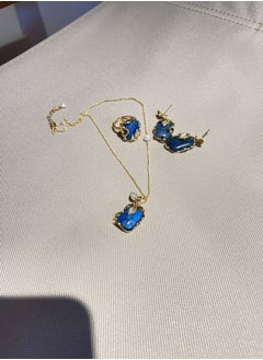 General 925 Silver Plated 18K Gold Inlaid Natural Lapis Lazuli 3-piece Jewelry Set/Ring/Necklace/Earrings  - Image 2