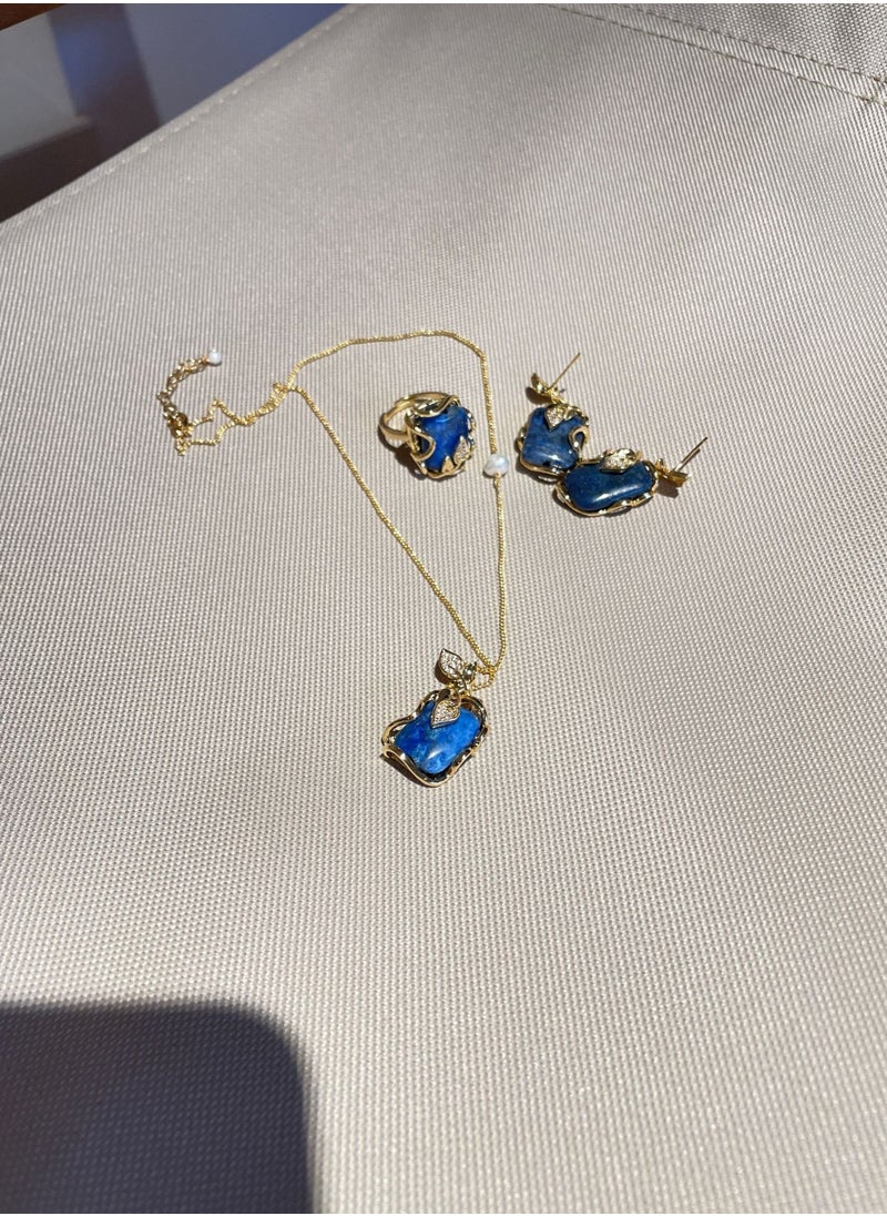 General 925 Silver Plated 18K Gold Inlaid Natural Lapis Lazuli 3-piece Jewelry Set/Ring/Necklace/Earrings  - Image 2