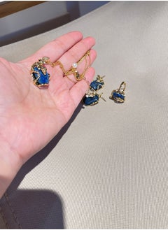 General 925 Silver Plated 18K Gold Inlaid Natural Lapis Lazuli 3-piece Jewelry Set/Ring/Necklace/Earrings  - Image 3