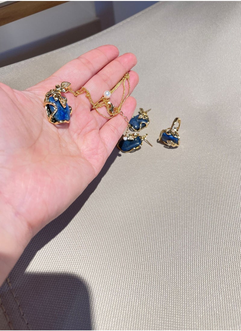 General 925 Silver Plated 18K Gold Inlaid Natural Lapis Lazuli 3-piece Jewelry Set/Ring/Necklace/Earrings  - Image 3