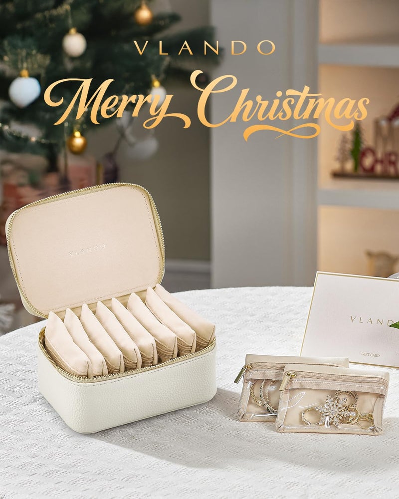 Vlando Gifts for Her,Travel Jewelry Case with 8 Velvet Jewelry Bags Jewelry Travel Organizer Box for Girls Jewelry Box for Rings Earrings Brides Gifts Birthday Gifts for Women Teen(White) - Image 2