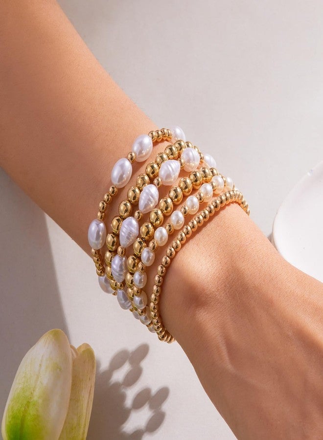 KVV Gold Beaded Bracelets Set for Women - Adjustable Stretch 14K Gold Plated Pearl Bead Ball Stack, Waterproof Non-Tarnish Dainty Jewelry, Ideal Gift (style4-6pcs) - Image 2
