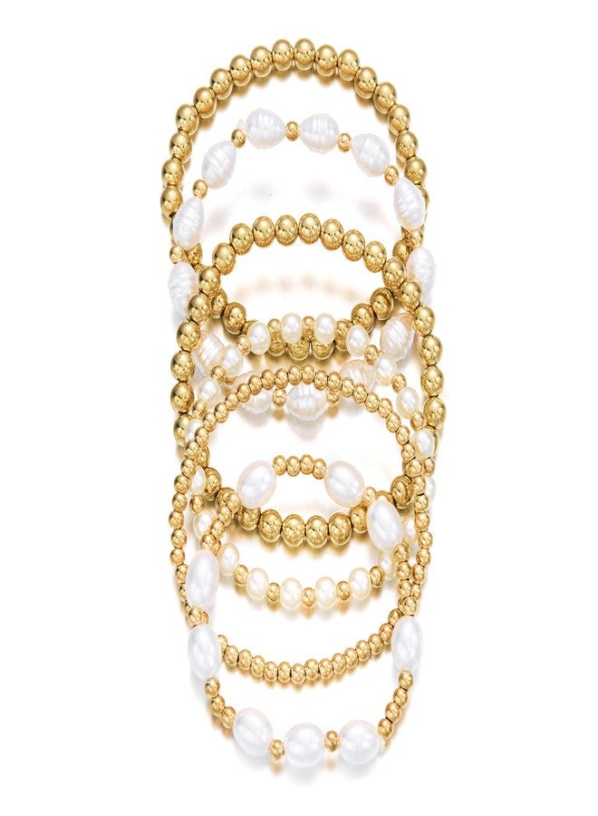 KVV Gold Beaded Bracelets Set for Women - Adjustable Stretch 14K Gold Plated Pearl Bead Ball Stack, Waterproof Non-Tarnish Dainty Jewelry, Ideal Gift (style4-6pcs) - Image 4