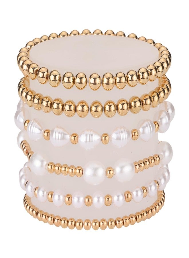 KVV Gold Beaded Bracelets Set for Women - Adjustable Stretch 14K Gold Plated Pearl Bead Ball Stack, Waterproof Non-Tarnish Dainty Jewelry, Ideal Gift (style4-6pcs) - Image 1