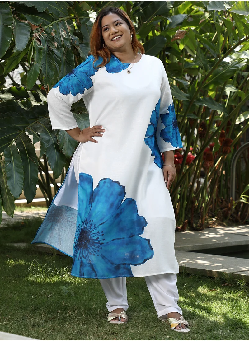 انستافاب بلس Women's Royal Blue & Ivory White Primrose Flora Kurta With Trousers