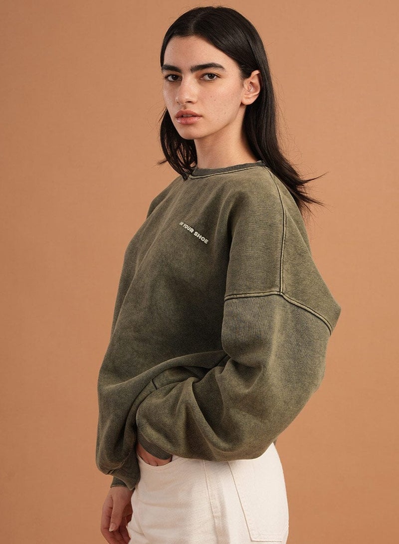In Your Shoe Olive Washed Boxy Crewneck - Image 1