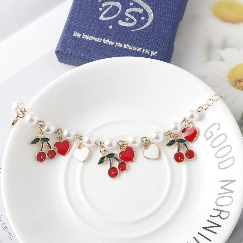DS charm bracelets for teens girls,exquisite cute cartoon Imitation Pearl friendship bracelets with birthday Gift box Adjustable Love Jewelry suitable for woman and girlsï¼ˆRed Cherriesï¼‰ - Image 3