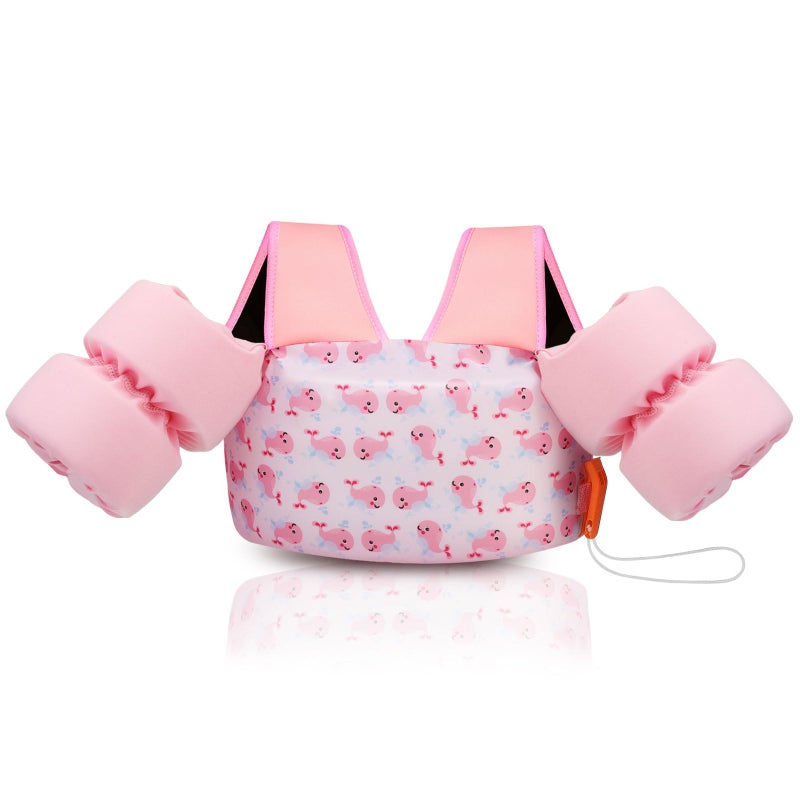 MoKo Toddler Swim Vest for Kids, Swim Arm Floaties 22-66lbs Cartoon Swimming Water Wings Pool Float Vests Sleeves Shoulder Straps Arm Band for Children Learn to Swim, Pink & Whale - Image 1