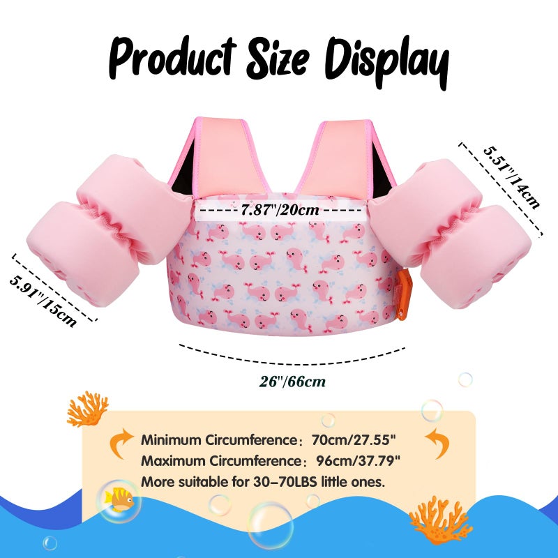 MoKo Toddler Swim Vest for Kids, Swim Arm Floaties 22-66lbs Cartoon Swimming Water Wings Pool Float Vests Sleeves Shoulder Straps Arm Band for Children Learn to Swim, Pink & Whale - Image 2