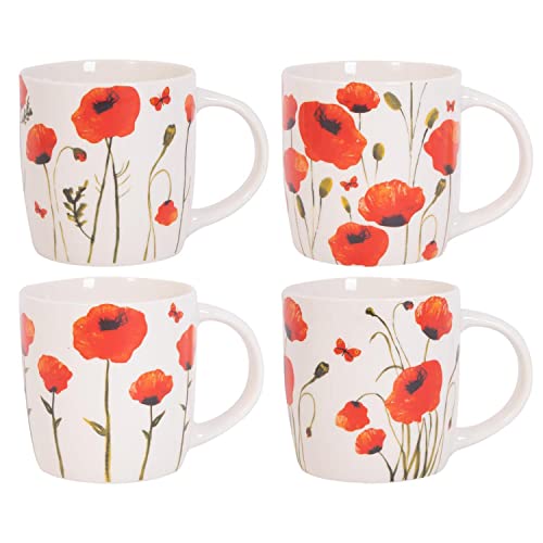 YL Set Of 4 Poppy Floral Design Mugs New Bone China Coffee Tea Cups 350ml Home Kitchen Mug Set