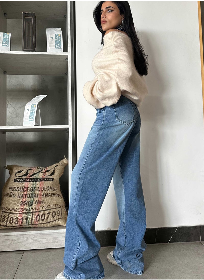 CIZARO - Chill Wide Leg Jeans - Medium Blue Washed Jeans. - Image 1