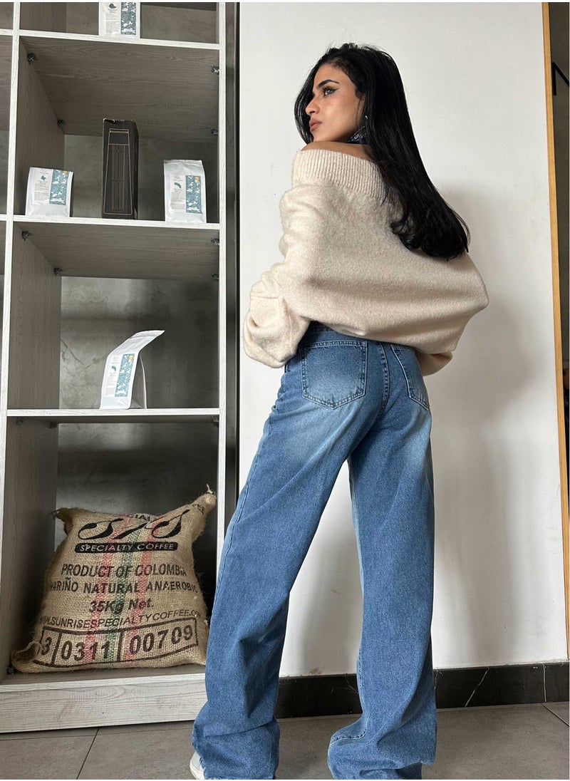 CIZARO - Chill Wide Leg Jeans - Medium Blue Washed Jeans. - Image 1